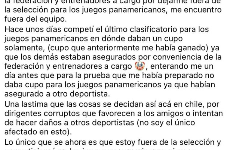 Piraguista  Lajino  no participara  en  sudamericano   por  falta  de  apoyo  de  la  federación  de  canotaje  de  chile