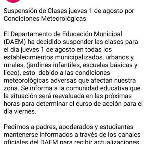 Daem  Laja   evia  comunicado  de  suspencion de  clases  por  frente  de  mal  tiempo